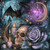 Skull with lavender roses, candles, flying bat, crescent moon, stars, and glowing purple crystal heart in a gothic celestial setting.