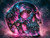 Glossy black crystal skull illuminated from within by brilliant glowing pink crystals against a dark smoky background.
