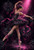 Elegant ballerina dancing en pointe in a black and magenta tutu beneath a dramatic pink spotlight with dark roses behind her.