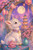 Young white goat beneath pink lanterns and cherry blossoms overlooking a full moon, mountain landscape, and glowing pagoda.