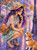 Purple-haired woman in a floral hat crouching to greet a corgi on a colorful rain-slick city street illuminated by glowing streetlamps.