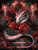 Pale fantasy dragon curled around an ornate gothic throne surrounded by deep red roses, black thorns, crowns, and dramatic red light.