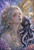 Silver-haired fantasy woman beside a dark octopus surrounded by pearls, coral and ornate underwater architecture beneath a violet stormy sky.