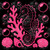 Black seahorse outlined in vivid pink surrounded by pink coral, seashells and bubbles by artist Kelly Reins.