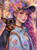 Purple-haired woman wearing a flower-covered black hat and mint floral jacket carrying a small black-and-tan dog on a glowing city street.
