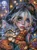 Colorful alternative girl holding fluffy gray cat beside autumn leaves, glowing lights and moonlit city window.