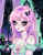 Pink-haired gothic woman wearing a mint lace dress and skull necklace surrounded by candles, lavender and gothic windows.