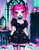 Pink-haired gothic girl with green eyes wearing a black dress in a dark room with skull accents, candles and ornate furniture.