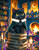 Cute black cat sitting on stacked magical books surrounded by candles, potion bottles, celestial banners and a glowing fireplace.
