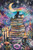 Diamond art featuring a black cat on stacked books surrounded by candles and a starry galaxy background, illustrated by Sakura.