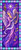 Purple stained glass angel playing a harp surrounded by musical notes, glowing star light, and flowing lavender robes.