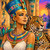 Nefertiti Leopard Queen featuring an elegant Egyptian queen wearing a blue and gold crown beside a majestic leopard with turquoise eyes overlooking pyramids and the Nile at sunset.