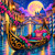 Moonlit Venetian Gondola featuring an ornate black and gold gondola with luxurious pink seating floating through a colorful Venice canal beneath an enormous glowing moon.