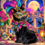 Venetian Masquerade Cat featuring a regal black cat wearing an ornate turquoise, pink and gold carnival mask with colorful feathers overlooking moonlit Venice.