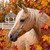 Shirley's Sweetheart by Kristin Schwenke Block featuring a beautiful golden palomino horse surrounded by brilliant red, orange and gold autumn foliage beside a white garden gazebo.