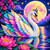 Celestial Swan Queen featuring an elegant white swan with turquoise, pink, lavender and golden feathers wearing a jeweled crown beneath an enormous glowing full moon.