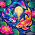 Rainbow Koi Moon featuring two vibrant turquoise, pink, purple, orange and gold koi swimming around the reflection of a glowing full moon among pink lotus flowers.