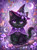 Moonlit Witch Kitty featuring an adorable black cat dressed as a purple witch surrounded by glowing mushrooms, pumpkins, crystals, candles, crescent moons and autumn leaves.