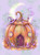 Enchanted Pumpkin Cottage featuring a whimsical pumpkin-shaped fairy home with glowing windows, purple crystals, tiny flowers, mushrooms and a witch hat beneath a crescent moon.