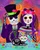 Love Beyond the Grave by Karen Torok Art featuring a Day of the Dead sugar skull skeleton couple with floral crowns, purple clothing and a whimsical skeleton cat against a colorful swirling background.