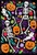 A Little Hocus Pocus by Karen Torok Art showing two dancing skeletons, orange jack-o'-lanterns, friendly ghosts, purple bats, candy corn and colorful flowers on a black background.