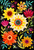 Midnight Garden Party by Karen Torok Art featuring cream, yellow, orange, pink and burgundy folk art flowers, turquoise leaves and small bees against a dramatic black background.