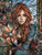 Red-haired steampunk woman with a long braid holding a large copper mechanical flower inside an elaborate glass conservatory.