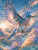 Delicate blue and white bird soaring above glowing pastel clouds as warm sunrise light illuminates its outstretched wings.