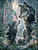 Two black wolves meeting in a magical moonlit forest surrounded by pastel moths, glowing mushrooms, foxgloves, and sparkling lights.
