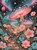Glowing coral and teal fantasy mushrooms surrounded by pink flowers beneath a star-filled sky and colorful aurora.
