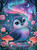 Adorable big-eyed owl surrounded by glowing pink flowers and colorful mushrooms beneath a turquoise and pink aurora with a crescent moon.