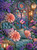 Elegant teal velvet chair surrounded by peach and purple dahlias, butterflies, glowing lanterns, and an ornate stained glass window.