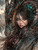 Dark-haired woman with glowing turquoise eyes embraced by a large bronze and teal armored dragon overlooking a fantasy industrial city.