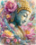 Serene Buddha portrait in turquoise and gold surrounded by pink lotus flowers, roses, feathers, butterflies, and ornate details.