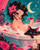Midnight Bubble Glamour by Finira Art pinup Diamond Art Kit featuring a glamorous brunette in a pink bubble bath with black cat, crescent moon, candles and cocktail.