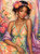 Pastel Blossom Beauty by Finira Art floral portrait Diamond Art Kit featuring a beautiful woman with curly dark hair, peach flowers, pearl jewelry and pastel rainbow dress.
