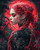 Gothic red-haired woman with elaborate braids surrounded by deep red roses, a majestic dark dragon, twisting thorny branches, and a glowing crimson moon in a dramatic gothic fantasy scene.