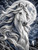 Moonlit Silver Stallion diamond painting featuring a majestic white horse with an extraordinarily long flowing silver mane before a luminous full moon and mountain landscape.