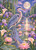 Reflections of Serenity by Cocomarshmallow Art featuring a graceful blue heron standing among pink lotus flowers, purple irises, lily pads, and glowing fireflies beneath a full moon.
