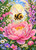 Bumblebee Blossom Bliss by Cocomarshmallow Art featuring an adorable fluffy bumblebee hovering above a large pink peony surrounded by bleeding hearts, lily of the valley, foxgloves, and colorful spring flowers.