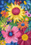 Sunshine in Full Bloom by Karen Torok Art featuring a large golden sunflower surrounded by pink, orange, blue and burgundy flowers with decorative green leaves on a navy blue background.
