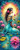 Dark-haired woman in flowing turquoise gown with floral tattoos surrounded by vibrant pink lotus flowers, teal water, and a glowing golden celestial halo.