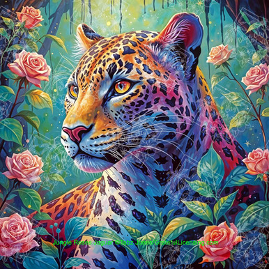 Jungle Roses Jaguar ©Tabz Jones - Diamond Art Kit Made to Order