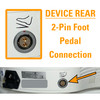 Back of Z Wave device showing 2-pin foot pedal connection port