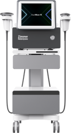 DualWave FX focused shockwave therapy system by Zimmer MedizinSystems with touchscreen display, handpieces and mobile cart.