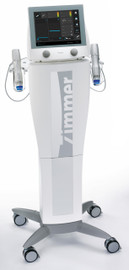 Front view of the Zimmer MedizinSystems enPulsPro radial pulse shockwave therapy system with SysCart and two connected handpieces.