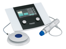 Zimmer MedizinSystems enPuls 2.0 compact radial pulse shockwave therapy system with ergonomic handpiece, touchscreen display, and foot switch.
