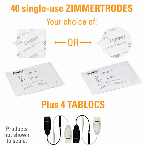 Zimmertrodes Intro Kit comes with your choice of either 40 SQUARE or 40 ROUND single-use electrodes and 4 tablocs.