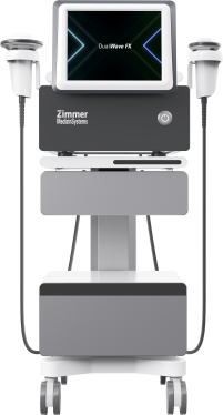 DualWave FX focused shockwave therapy system by Zimmer MedizinSystems with touchscreen display, handpieces and mobile cart.