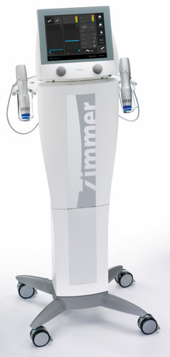Front view of the Zimmer MedizinSystems enPulsPro radial pulse shockwave therapy system with SysCart and two connected handpieces.